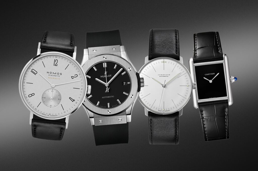 Selection of monochrome dial watches in black white and grey tones