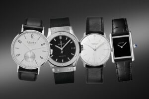Selection of monochrome dial watches in black white and grey tones