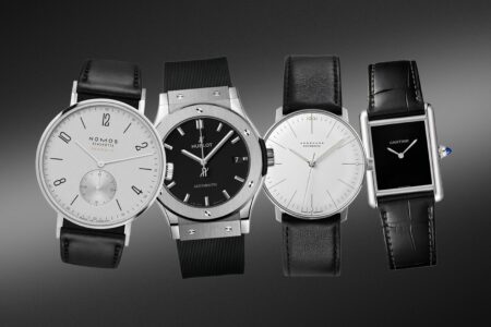 Selection of monochrome dial watches in black white and grey tones