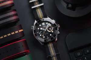 Omega Seamaster Diver 300M Chronograph 007 First Light on NATO strap with black ceramic wave dial