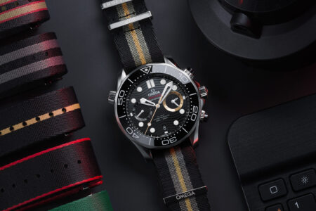 Omega Brings 007 First Light To The Seamaster Diver 300M Chronograph Omega Seamaster Diver 300M Chronograph 007 First Light on NATO strap with black ceramic wave dial