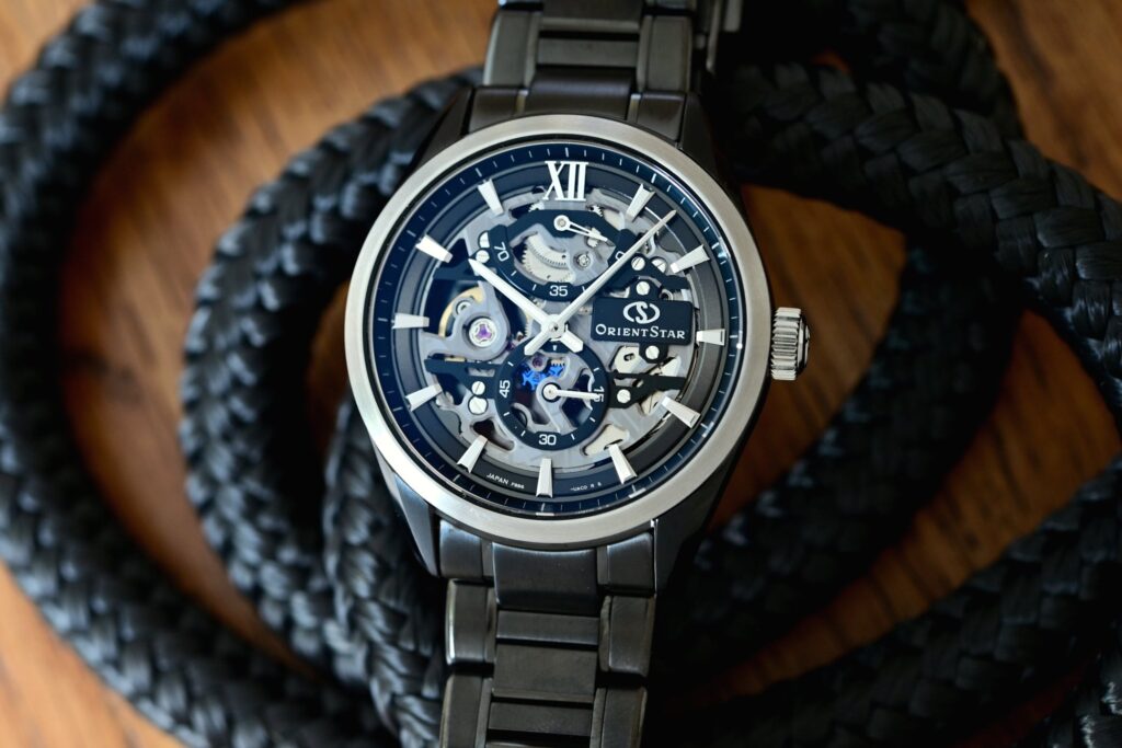 Orient Star M34 F8 Skeleton Hand Winding with black-plated steel case and openworked dial