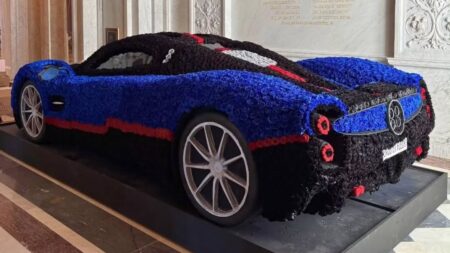 A Life Sized Pagani Utopia Has Been Recreated in More Than 10000 Roses Life-sized Pagani Utopia floral model made with dark blue white black and red roses