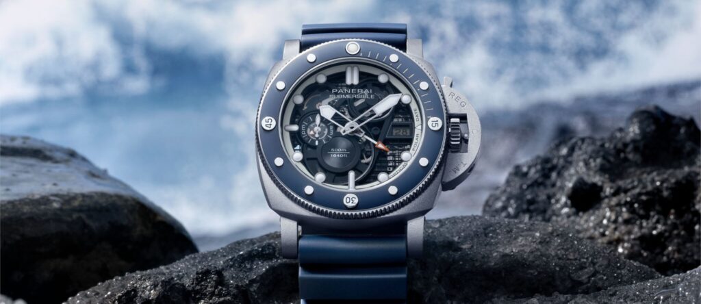 Panerai Submersible GMT PAM01495 skeletonised titanium dive watch on blue strap