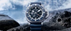 Panerai Submersible GMT PAM01495 skeletonised titanium dive watch on blue strap