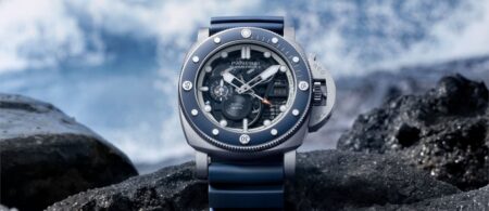 Panerai Submersible GMT PAM01495 skeletonised titanium dive watch on blue strap