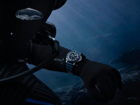 Panerai Submersible GMT PAM01495 skeletonized titanium dive watch with blue bezel