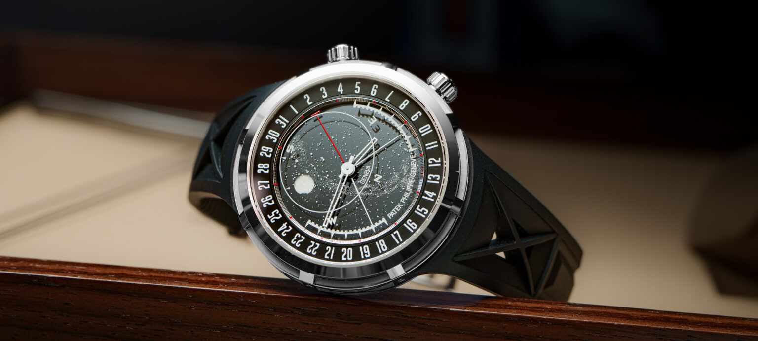 Patek Philippe Ref. 6105G Celestial Sunrise and Sunset in white gold on an integrated rubber strap