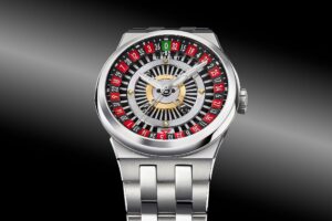 Perrelet Turbine Casino Roulette watch with spinning roulette wheel dial in titanium case