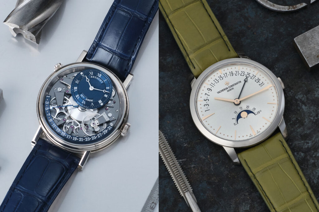 Six retrograde display watches showing arced time and calendar indications