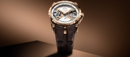 Roger Dubuis pink gold biretrograde calendar watch with arcing day and date display