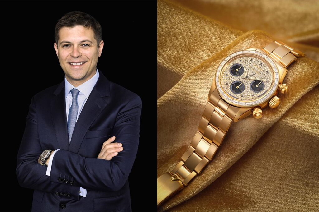 Sam Hines style watch auction scene with rare vintage watches displayed in a Hong Kong saleroom