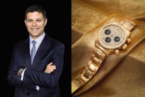 Sam Hines style watch auction scene with rare vintage watches displayed in a Hong Kong saleroom