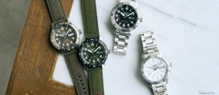Four Seiko 5 Sports Field Compass watches in black, white, green and brown