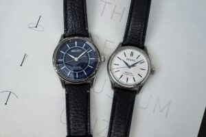 Seiko Presage HCC007 and HCC004 145th anniversary limited edition watches with blue porcelain and white textured dials