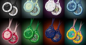 Swatch x Audemars Piguet Royal Pop Debuts in Eight Colourful Pocket Watch Editions Swatch x Audemars Piguet Royal Pop colourful pocket watch editions