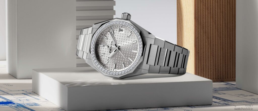 Zenith Defy Skyline 36 with silver star-patterned dial and integrated steel bracelet