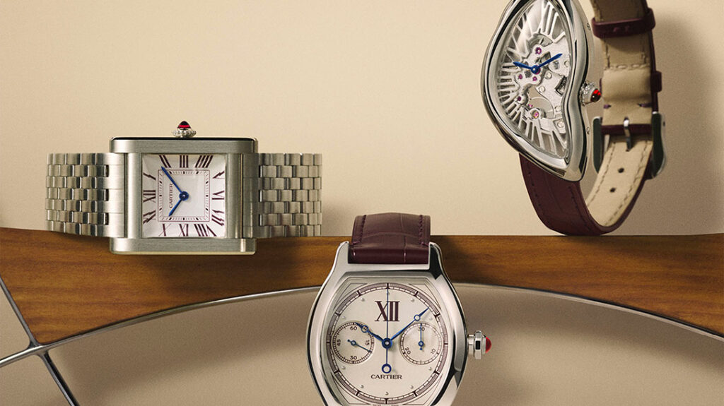 Cartier Privé Le Dixième Opus platinum watches including Crash Squelette, Tortue Chronographe Monopoussoir and Tank Normale