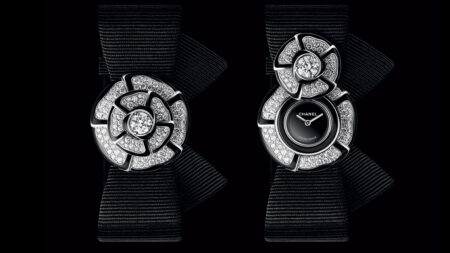 Chanel Nœud de Camélia Turns the House Flower Into a Secret Watch Chanel Nœud de Camélia diamond secret watch with camellia flower cover on black strap