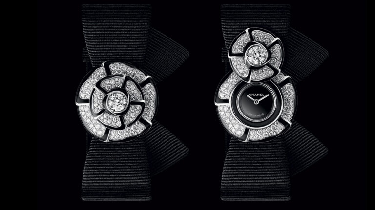 Chanel Nœud de Camélia diamond secret watch with camellia flower cover on black strap