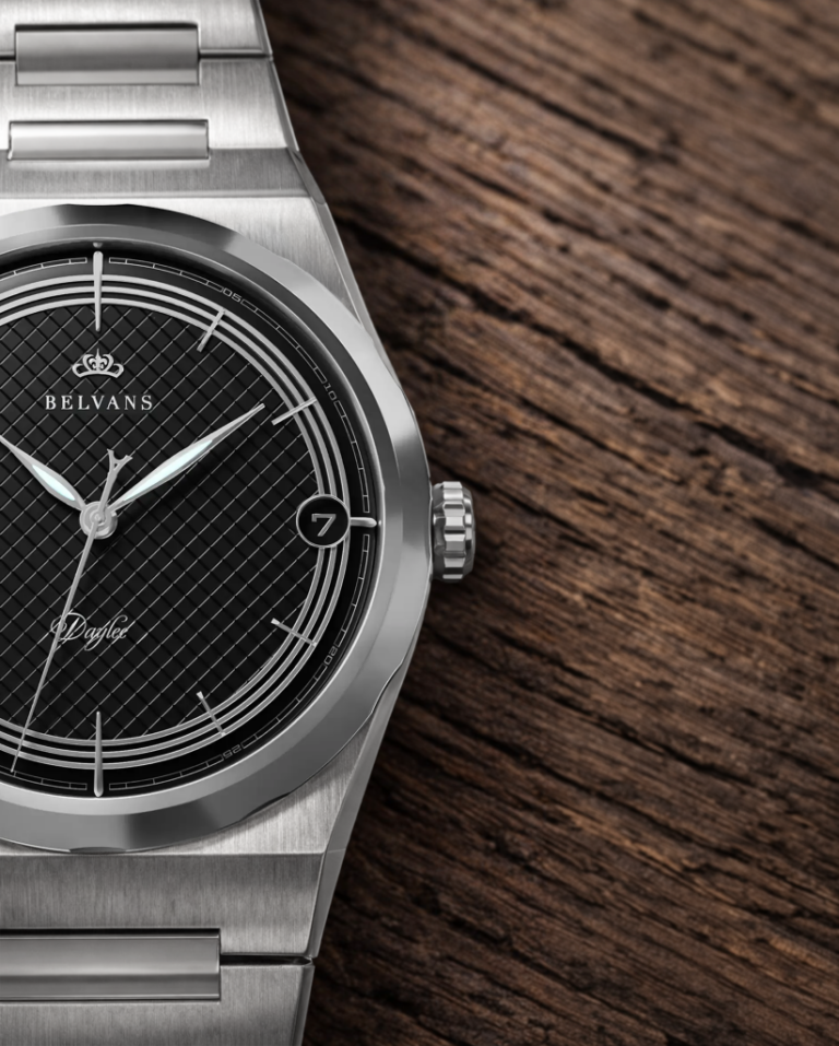 Belvans Daylee watch with guilloche dial and stainless steel case