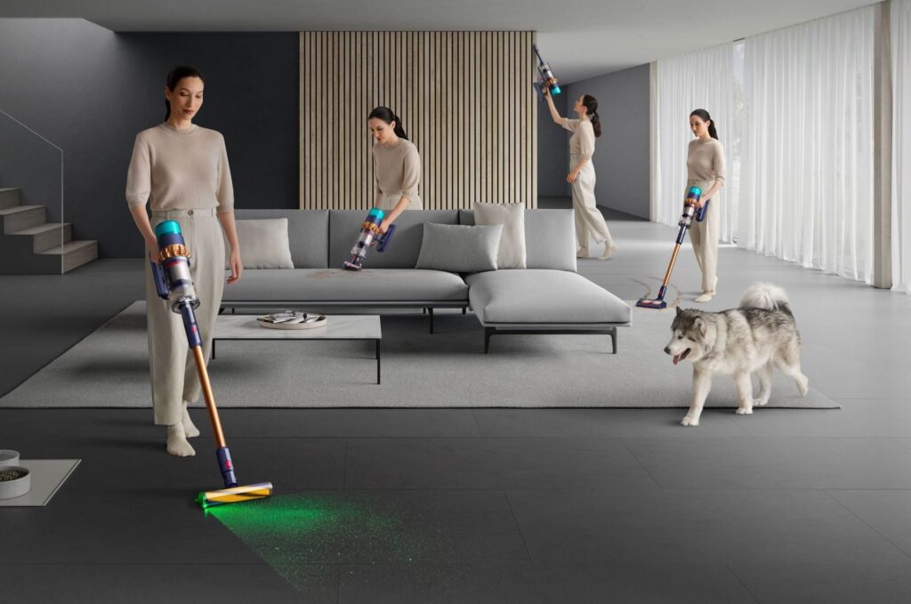 Dyson pet vacuum cleaning dog hair from a living room rug
