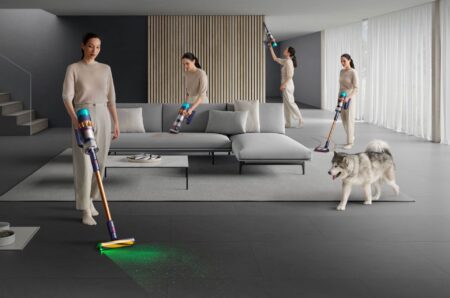 Dyson pet vacuum cleaning dog hair from a living room rug