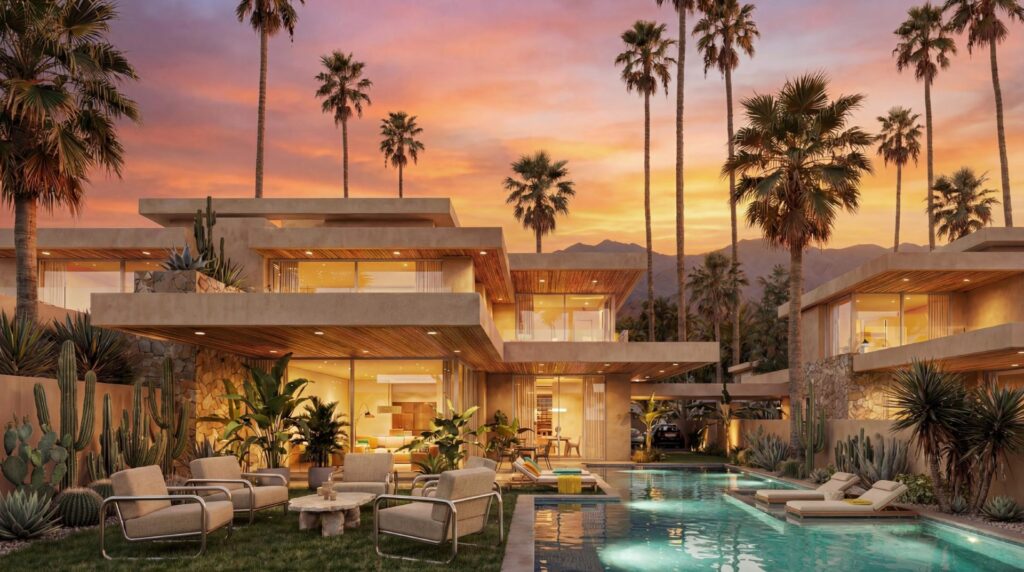 GIMS Brings Palm Springs Modernism to Marrakech With The Valley Private Residences Modern Moroccan villa at The Valley Private Residences near Marrakech with a reflecting pool and Atlas Mountains in the distance