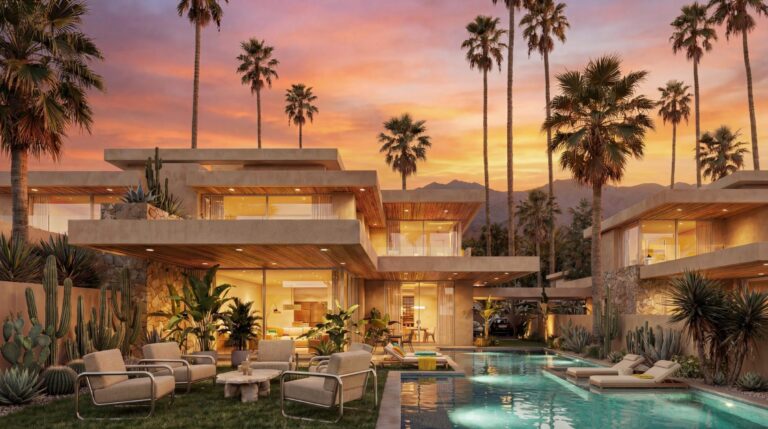 Modern Moroccan villa at The Valley Private Residences near Marrakech with a reflecting pool and Atlas Mountains in the distance