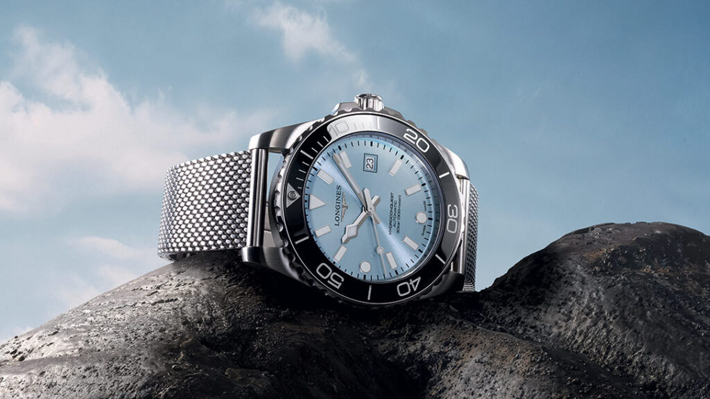 Longines HydroConquest dive watch with lacquered dial, ceramic bezel and Milanese mesh bracelet