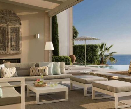 Luxury beach club loungers beside the sea in Mallorca