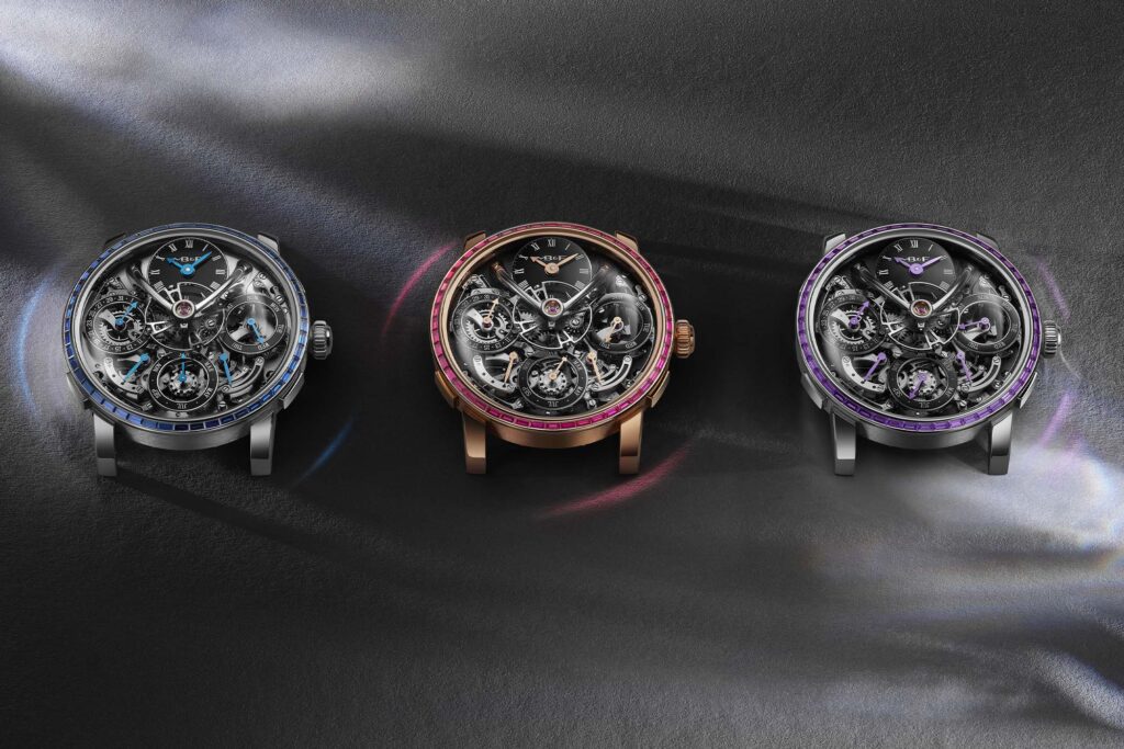 MB&F LM Perpetual Chromatic Editions with baguette-cut sapphire and ruby bezels