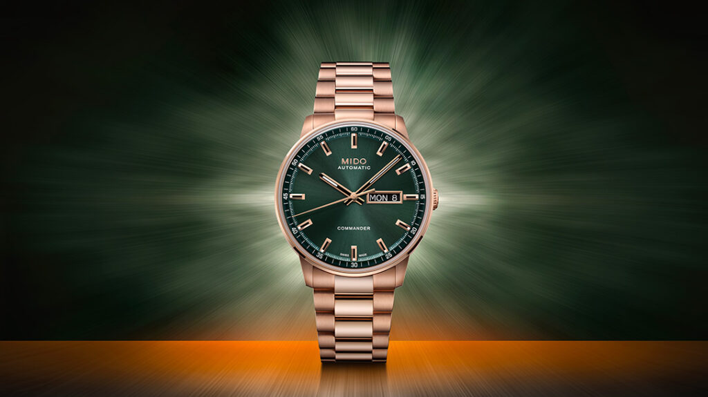 Mido Commander Datoday with deep green dial and rose gold PVD bracelet