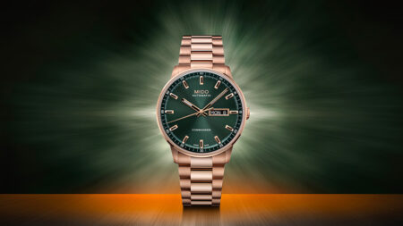 Mido Commander Datoday with deep green dial and rose gold PVD bracelet
