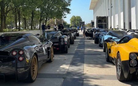 Rows of Pagani hypercars parked together in Washington DC