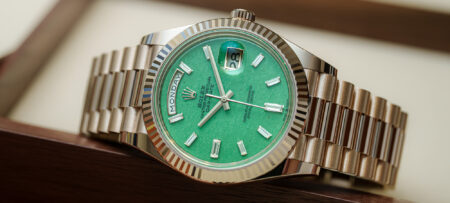 Rolex Day-Date 40 in Jubilee gold with green aventurine dial and baguette diamond hour markers