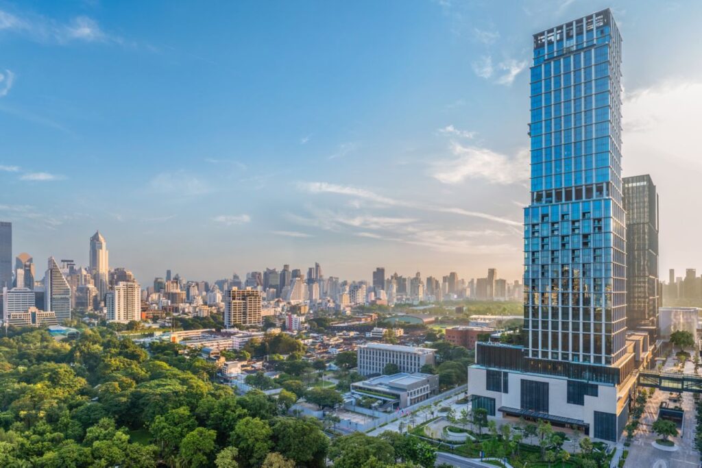 Guestroom view at The Ritz-Carlton Bangkok overlooking the city skyline