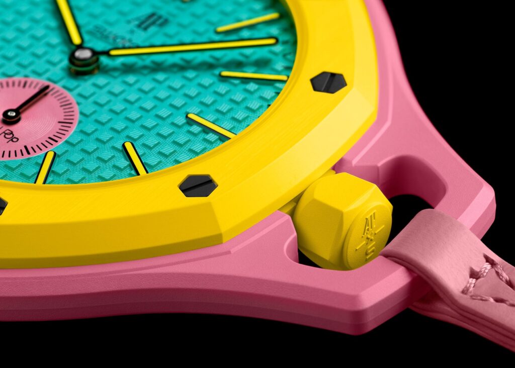Audemars Piguet and Swatch Royal Pop Bioceramic pocket watches in colorful Royal Oak inspired designs