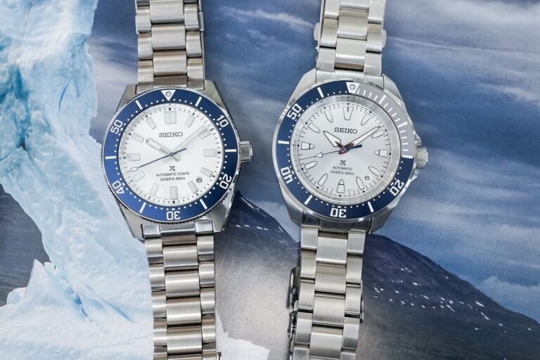 Seiko Prospex HBC005 and HBB001 limited-edition divers with blue and silver anniversary details
