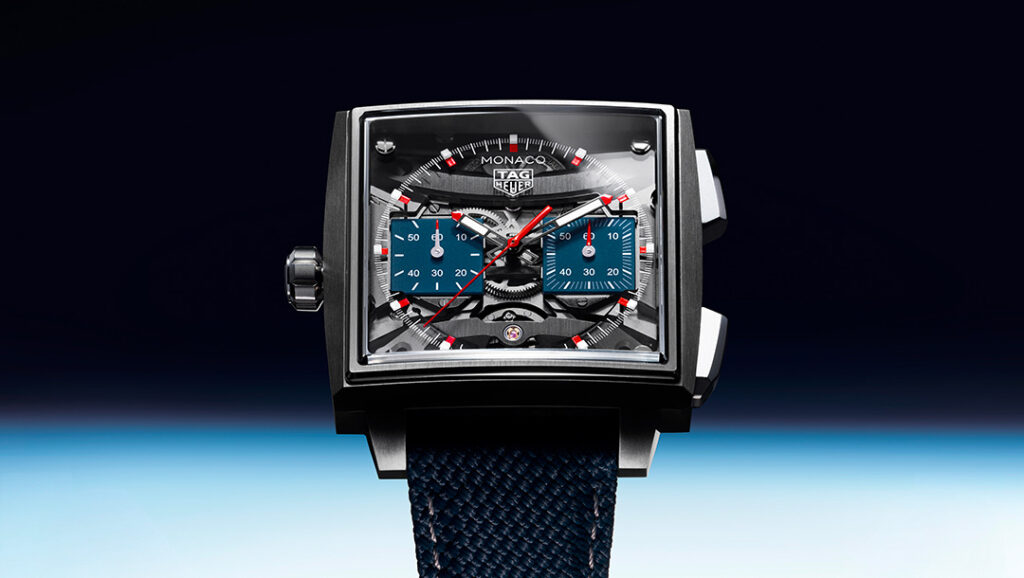 TAG Heuer Monaco Evergraph Brings Carbon Spring Tech to the Square Chronograph TAG Heuer Monaco Evergraph openworked square chronograph in titanium