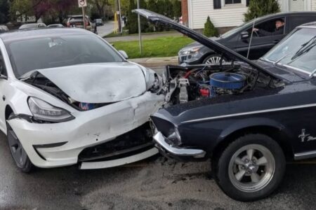Tesla Driver Charged After Head-On Crash Badly Damages 1968 Ford Mustang Heavily damaged 1968 Ford Mustang after a head-on crash in Milton Ontario