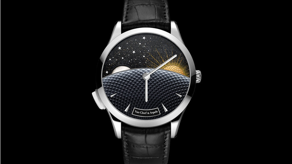 Van Cleef & Arpels Midnight Jour Nuit Phase de Lune Turns Time Into Moonlight Van Cleef & Arpels Midnight Jour Nuit Phase de Lune watch with aventurine glass celestial dial