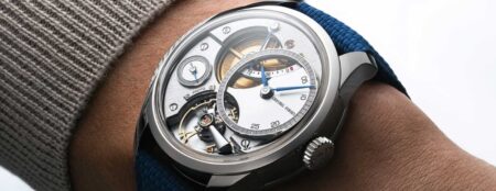 Greubel Forsey Balancier QM white gold watch showing its layered dial and visible balance