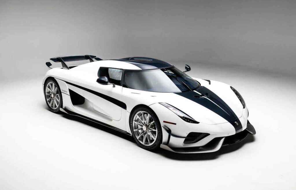 A 2021 Koenigsegg Regera Ghost Package Is Listed for $2.9 Million Arctic White 2021 Koenigsegg Regera Ghost Package with blue carbon detailing