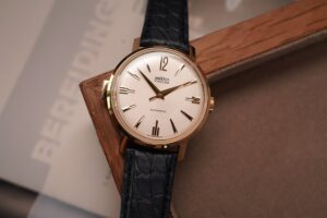 Angelus Tinkler 1958 Quarter Repeater in yellow gold with white sunburst dial and blue alligator strap