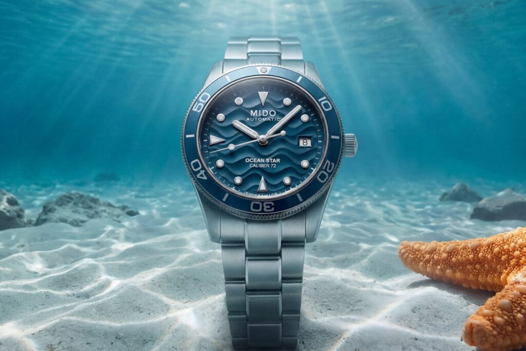 Mido Gives the Ocean Star 39 a Deeper Blue Dial Mido Ocean Star 39 Abyss Blue dive watch with blue dial and stainless steel bracelet