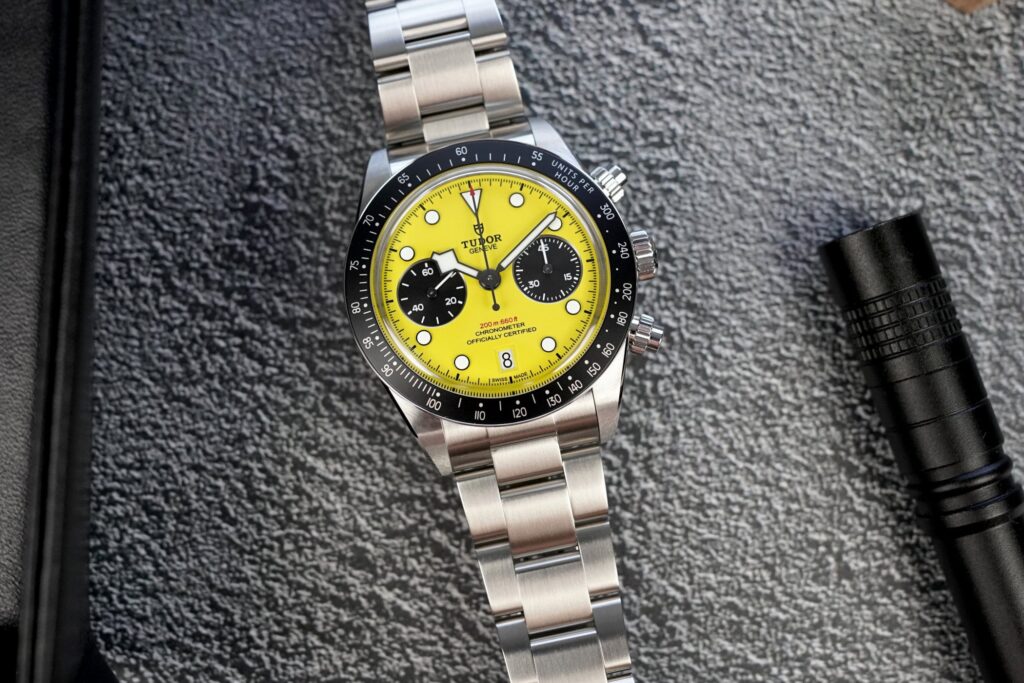 Tudor Black Bay Chrono 39 Bumblebee with yellow dial on steel bracelet