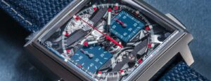 TAG Heuer Monaco and the Square Chronograph That Redefined Racing Style Vintage Heuer Monaco chronograph with blue dial and square case on a racing-inspired backdrop