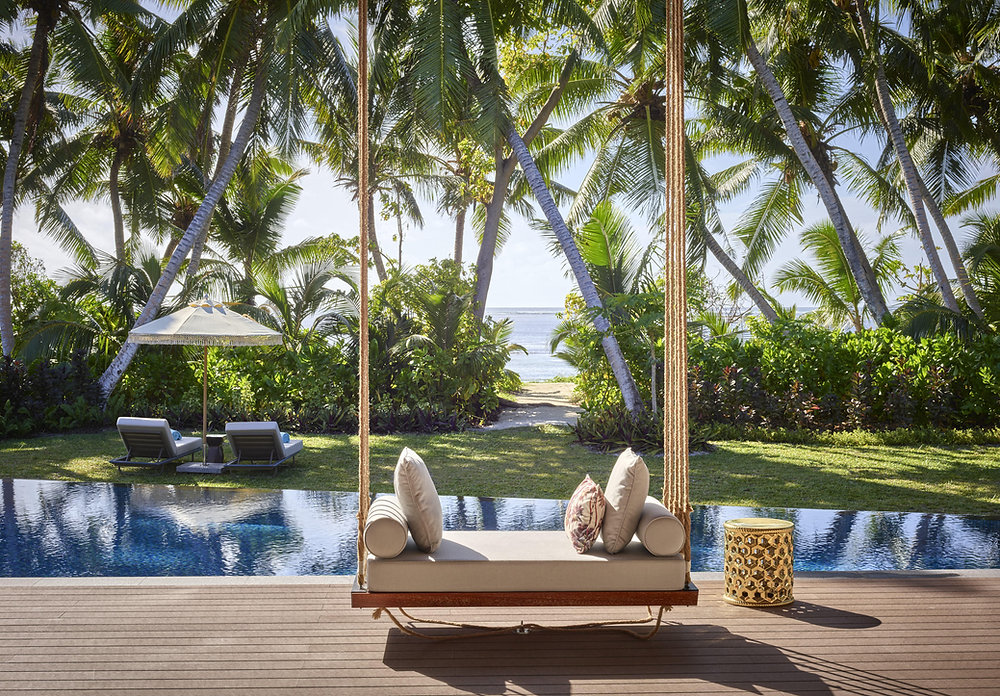 Waldorf Astoria Seychelles Platte Island Refines the Art of Slow Island Wellness Private villa pool and tropical coastline at Waldorf Astoria Seychelles Platte Island