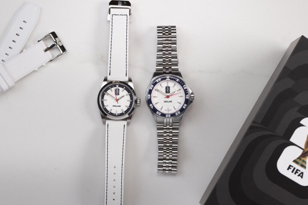 AXIA’s England World Cup Watches Put Football Colours Into Swiss Automatics AXIA England Argos and Enosi FIFA World Cup 2026 watches with blue, white and red detailing